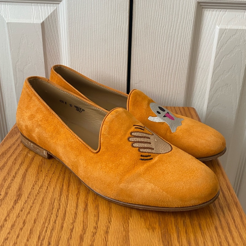 RARE!LE Del Toro Orange Suede Embroidered Ghost/Wave Emoji Smoking Loafers SZ 10